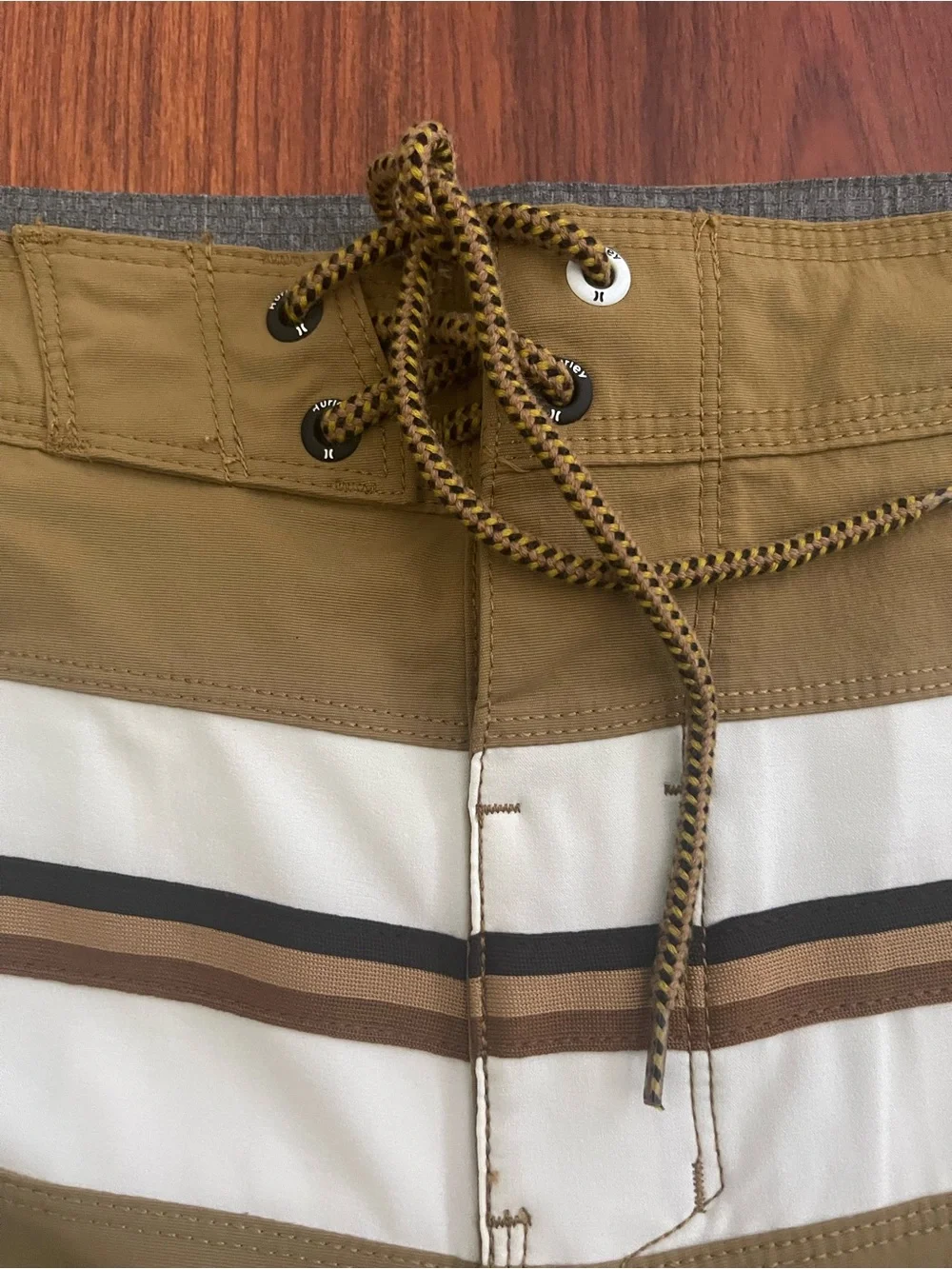 Hurley Men's Khaki Swim Shorts with White and Brown Stripes